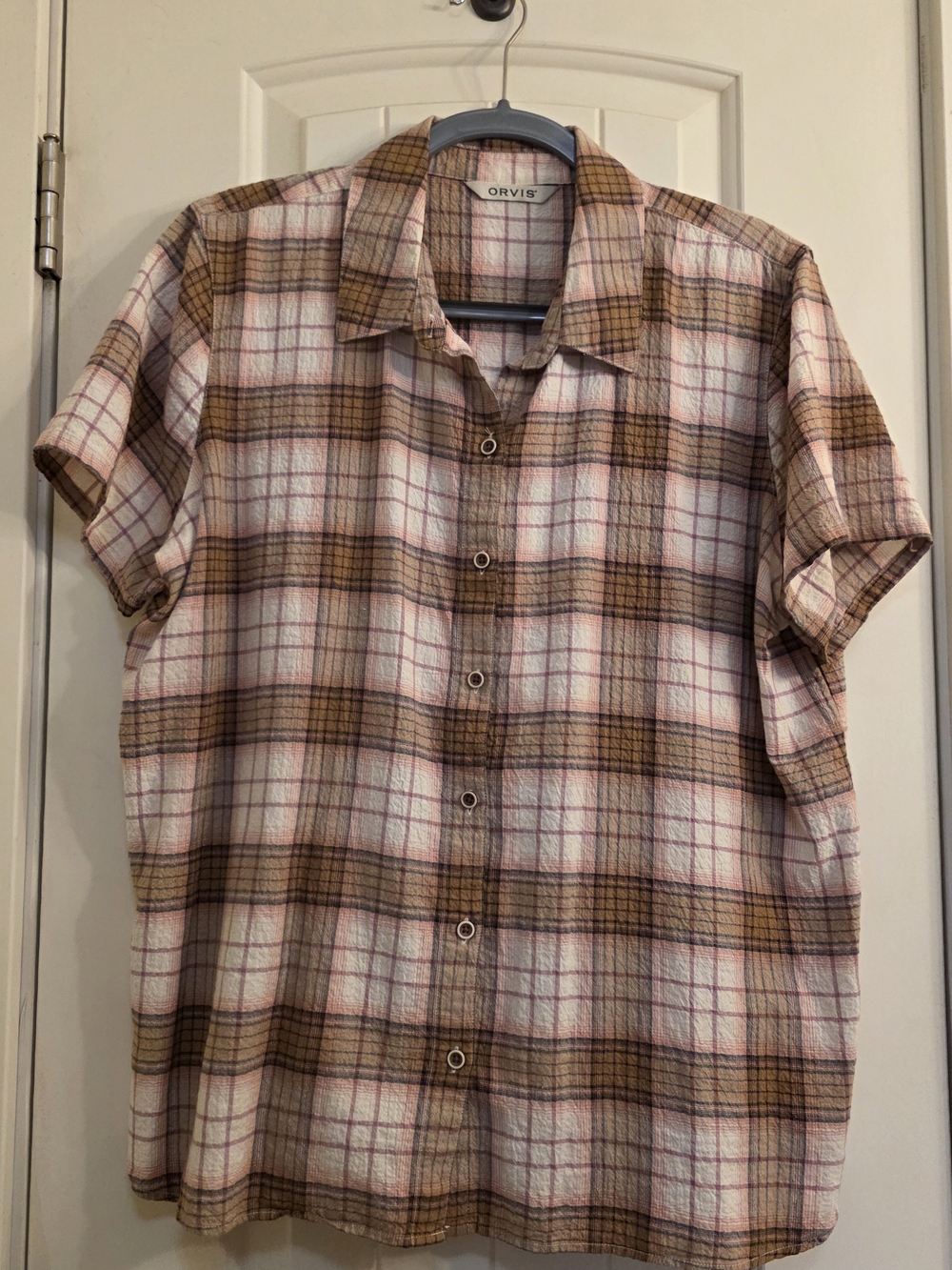 Orvis Women's Pink and Brown Plaid Short Sleeve Shirt
